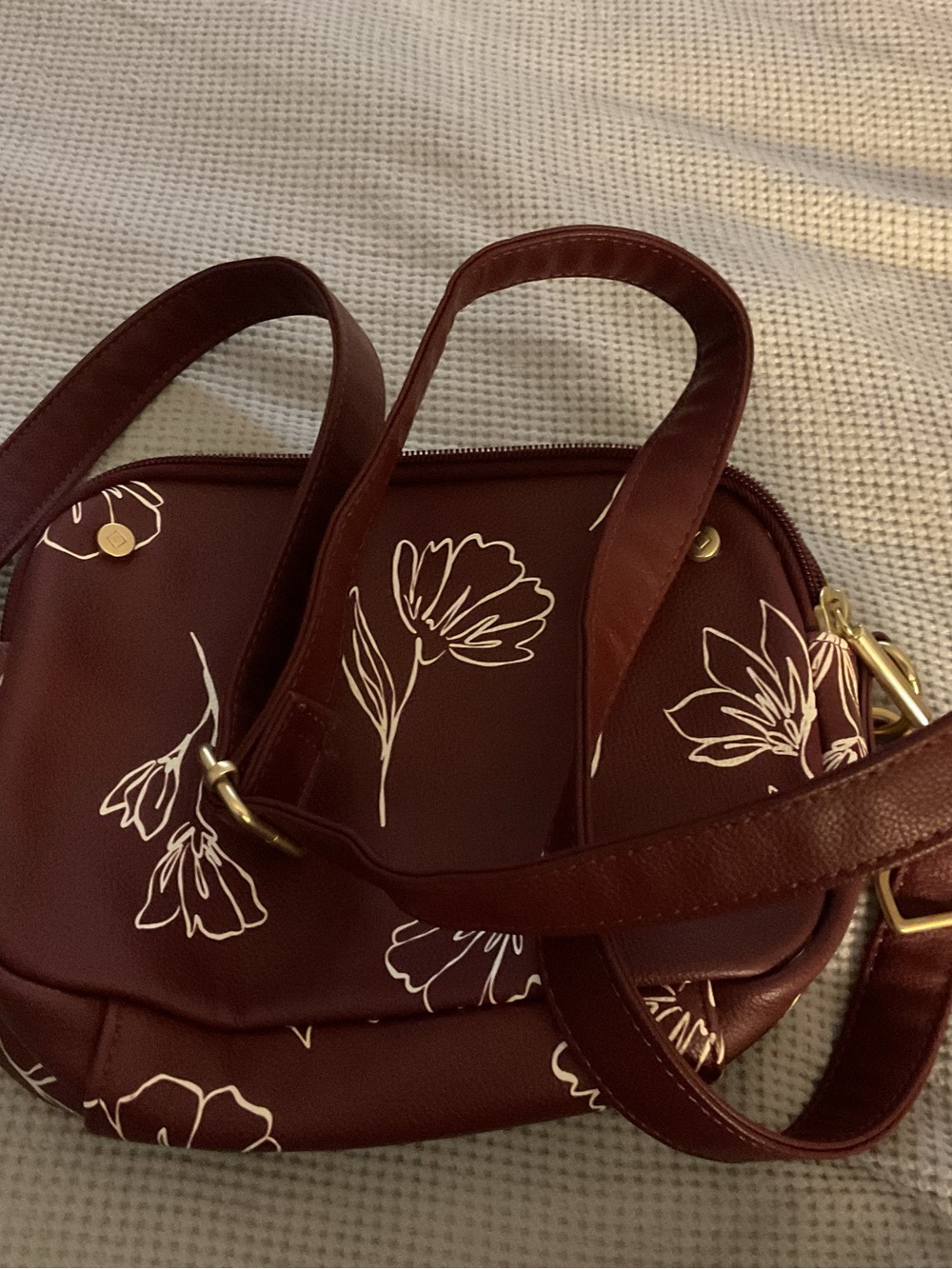 thirty-one Burgundy Floral Crossbody Bag with White Blooms